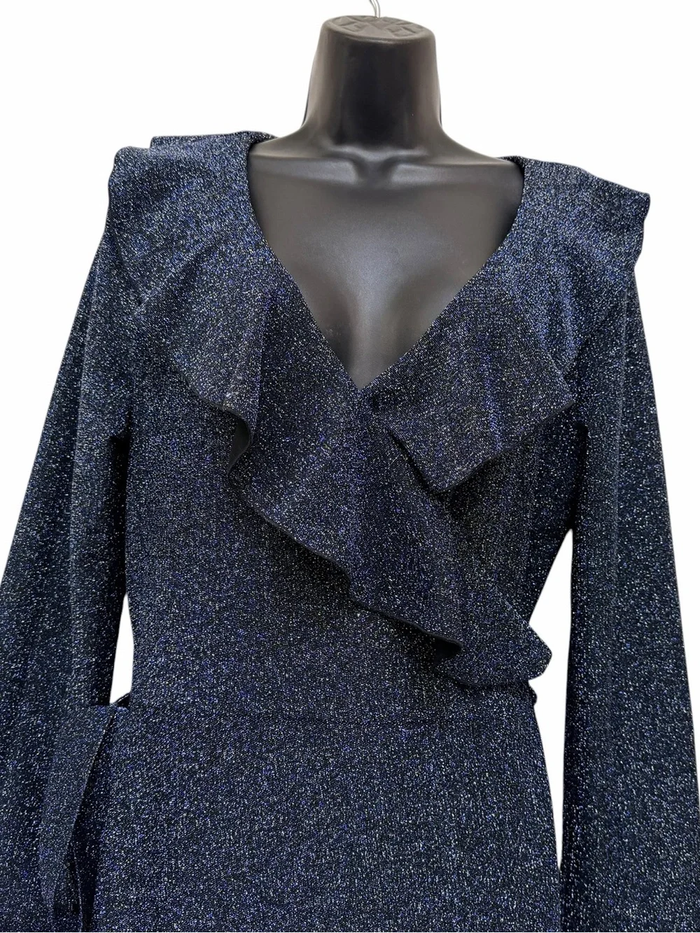 Free People Metallic Wrap Maxi Dress Navy Blue Ruffle Bell Sleeve Large - Picture 3 of 14